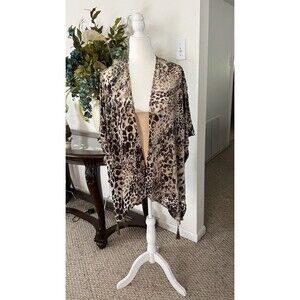 NWT Mystree Leopard Print Sheer Kimono Shrug Cape Tassels Metallic Accents OS